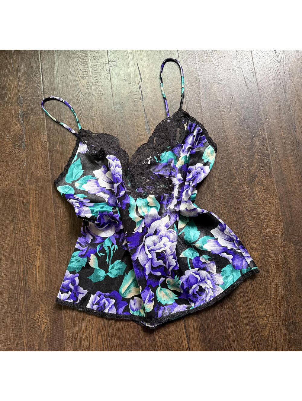Vintage Vanity Fair Satin Floral Purple Lace Cami Top 36 S-M Lingerie Fairy